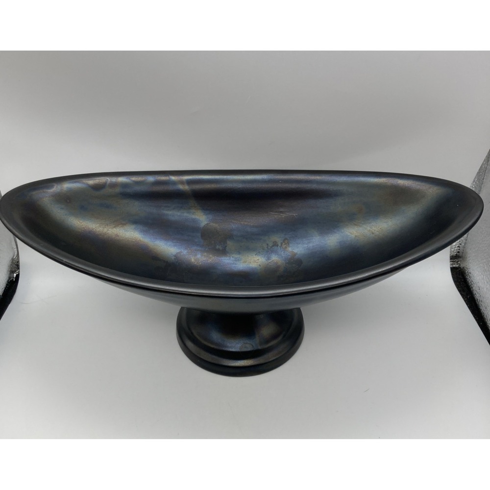 Vintage Mid Century California Pottery Black Iridescent Oval Footed Bowl Planter